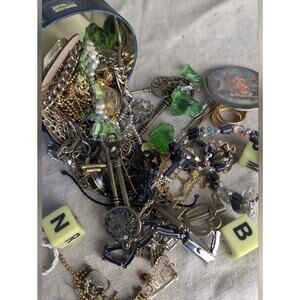 Curated  Mystery Jewelry Tin Vintage Keys, Watch Lot, Green Glass, Wearable Mix